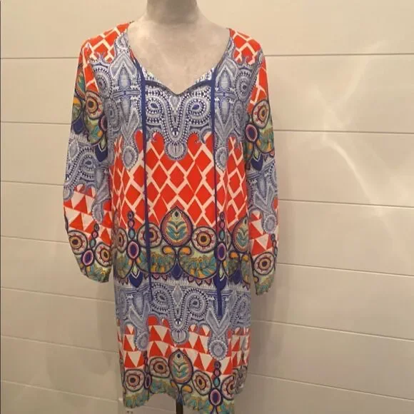 West Kei Orange and Blue Resort Wear Sundress with 3/4 Bishop Sleeves - Picture 1 of 10